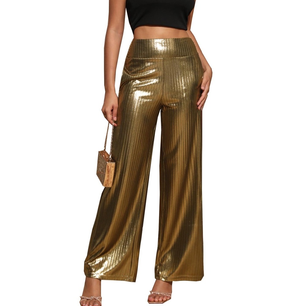 NWT Gold Metallic Pleated Palazzo Pants Wide Leg Disco Party Small